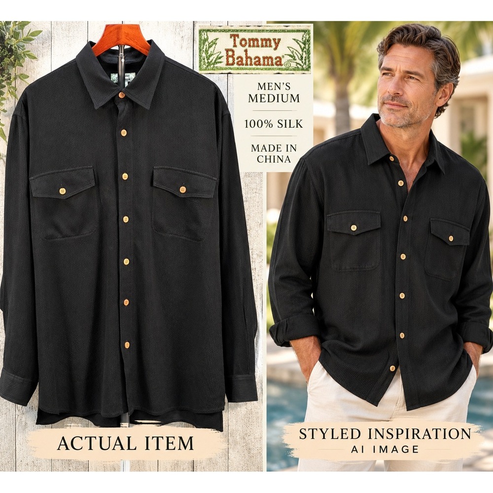 Tommy Bahama Silk Button Down Mens Ribbed Texture Black Medium Excellent Coastal